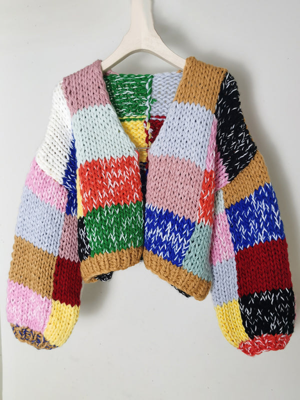 Blue Zone Planet | retro contrast color rainbow plaid heavy handmade versatile cardigan sweater BLUE ZONE PLANET