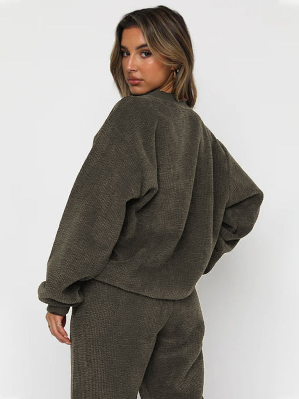 Corduroy Solid Color Round Neck Pullover Long Sleeve Pants Two-piece Set BLUE ZONE PLANET
