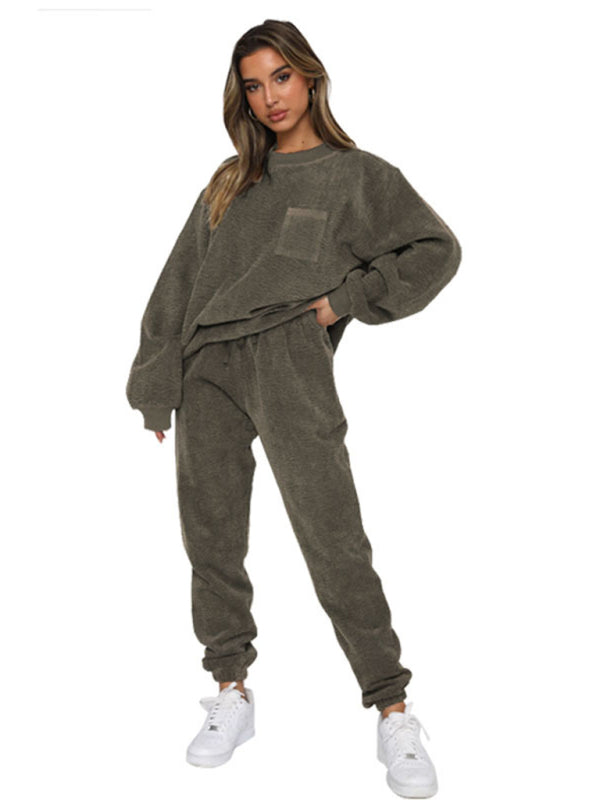 Corduroy Solid Color Round Neck Pullover Long Sleeve Pants Two-piece Set BLUE ZONE PLANET