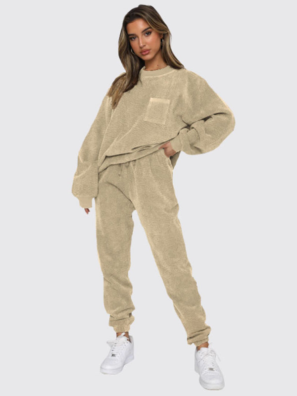 Corduroy Solid Color Round Neck Pullover Long Sleeve Pants Two-piece Set BLUE ZONE PLANET