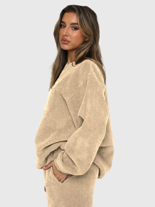 Corduroy Solid Color Round Neck Pullover Long Sleeve Pants Two-piece Set BLUE ZONE PLANET