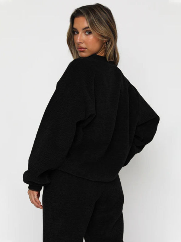 Corduroy Solid Color Round Neck Pullover Long Sleeve Pants Two-piece Set BLUE ZONE PLANET