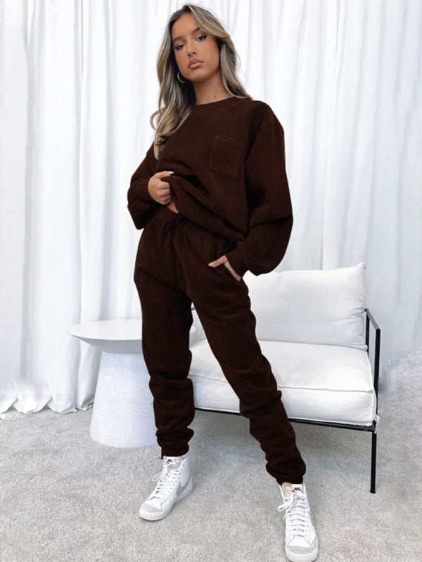 Corduroy Solid Color Round Neck Pullover Long Sleeve Pants Two-piece Set BLUE ZONE PLANET