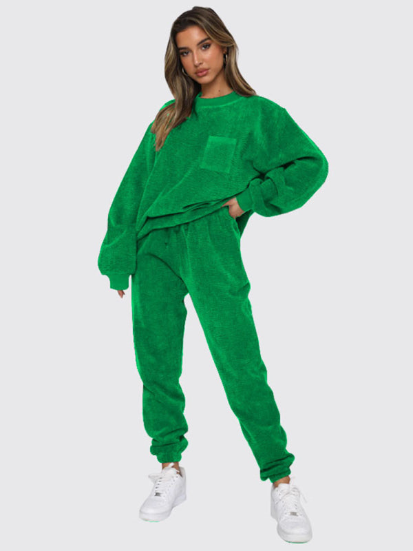 Corduroy Solid Color Round Neck Pullover Long Sleeve Pants Two-piece Set BLUE ZONE PLANET