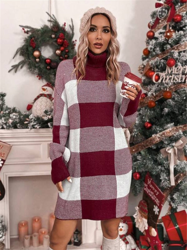 Blue Zone Planet Christmas Turtleneck Loose Slimming Plaid Contrast Mini Sweater Dress