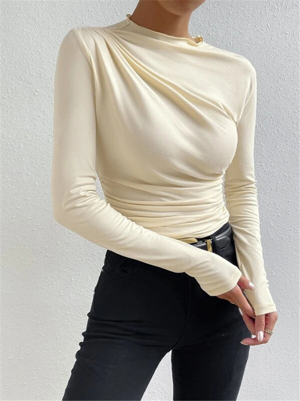 Blue Zone Planet | Solid color slim fit versatile ruffled design long-sleeved T-shirt top BLUE ZONE PLANET