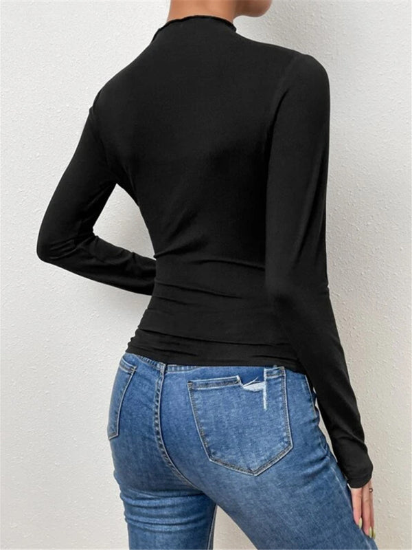 Blue Zone Planet | Solid color slim fit versatile ruffled design long-sleeved T-shirt top BLUE ZONE PLANET