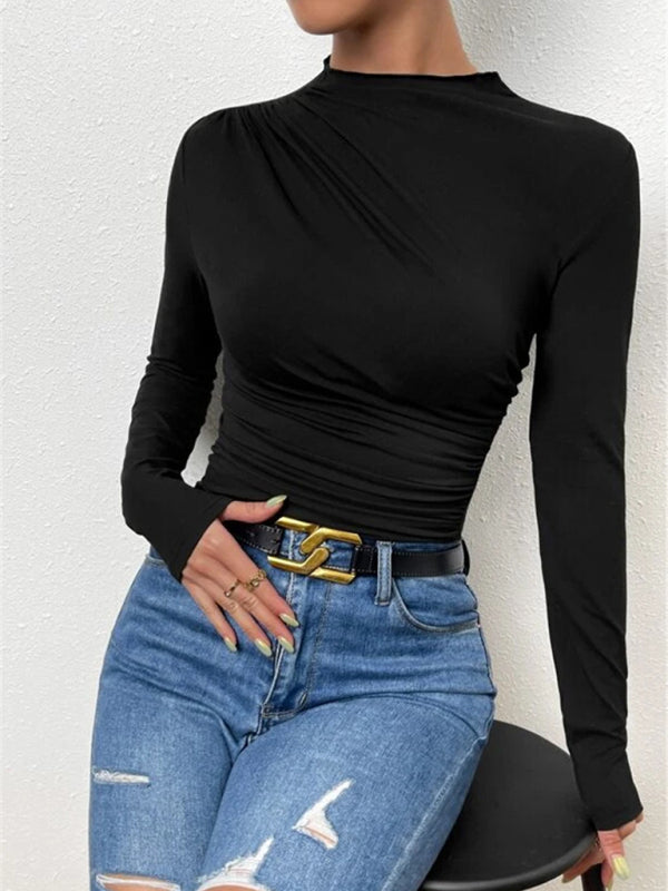 Blue Zone Planet | Solid color slim fit versatile ruffled design long-sleeved T-shirt top BLUE ZONE PLANET