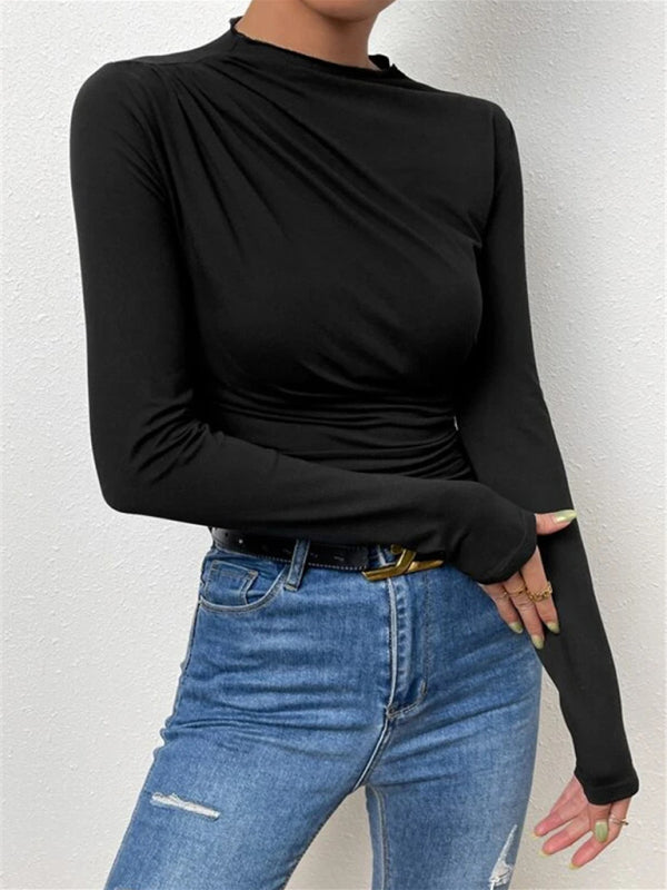 Blue Zone Planet | Solid color slim fit versatile ruffled design long-sleeved T-shirt top BLUE ZONE PLANET