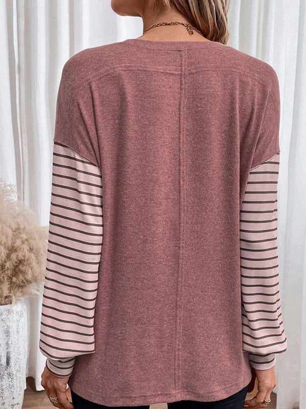 Blue Zone Planet | Pullover round neck striped contrast long-sleeved T-shirt BLUE ZONE PLANET