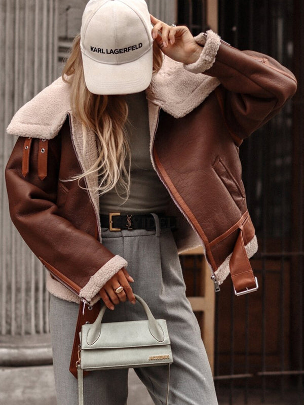 Blue Zone Planet | lapel lamb wool jacket street motorcycle style jacket BLUE ZONE PLANET