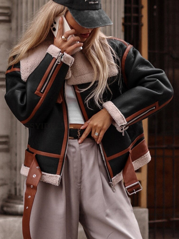 Blue Zone Planet | lapel lamb wool jacket street motorcycle style jacket BLUE ZONE PLANET