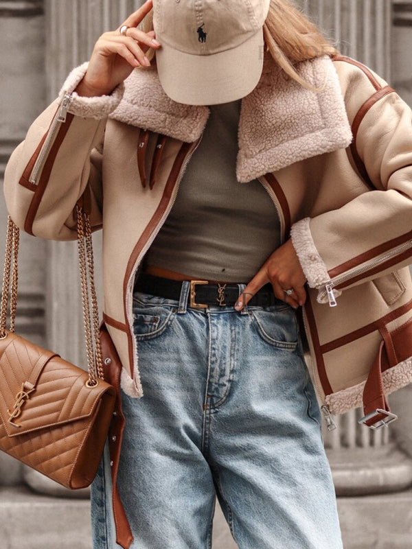 Blue Zone Planet | lapel lamb wool jacket street motorcycle style jacket BLUE ZONE PLANET