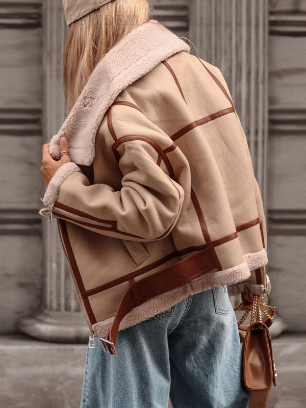 Blue Zone Planet | lapel lamb wool jacket street motorcycle style jacket BLUE ZONE PLANET