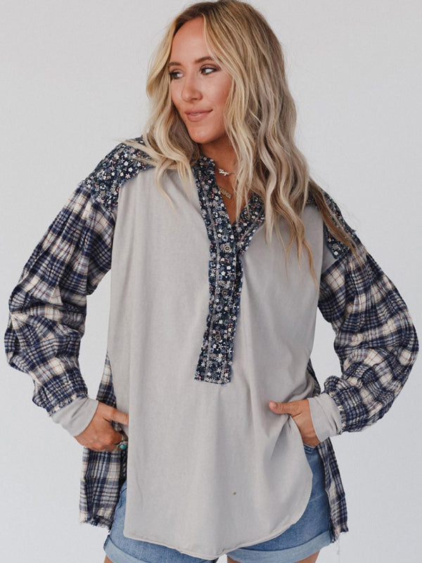 Blue Zone Planet | round neck plaid printed loose long sleeve top BLUE ZONE PLANET