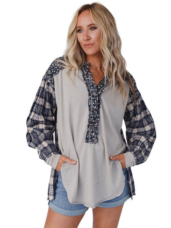 Blue Zone Planet | round neck plaid printed loose long sleeve top BLUE ZONE PLANET