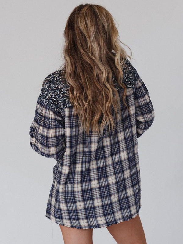 Blue Zone Planet | round neck plaid printed loose long sleeve top BLUE ZONE PLANET