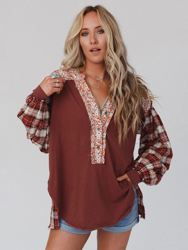Blue Zone Planet | round neck plaid printed loose long sleeve top BLUE ZONE PLANET