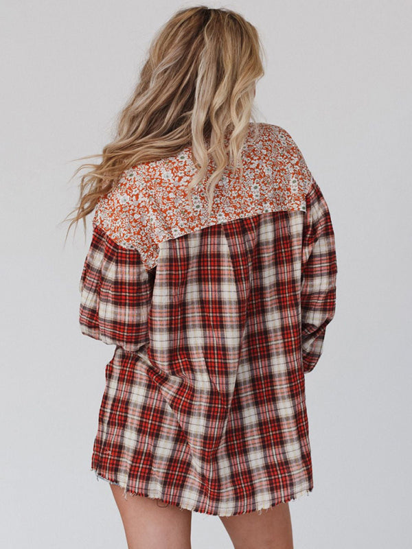 Blue Zone Planet | round neck plaid printed loose long sleeve top BLUE ZONE PLANET