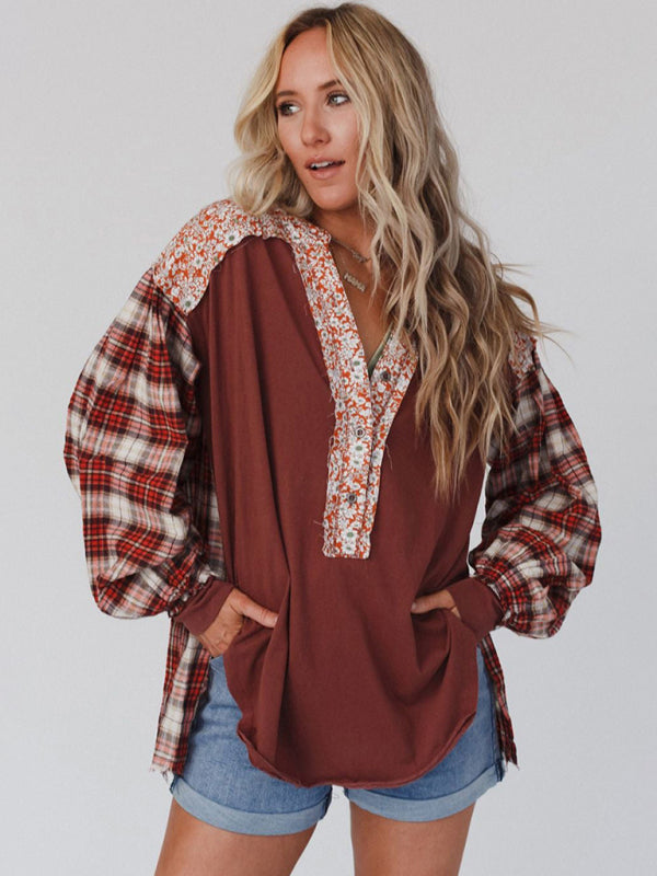 Blue Zone Planet | round neck plaid printed loose long sleeve top BLUE ZONE PLANET