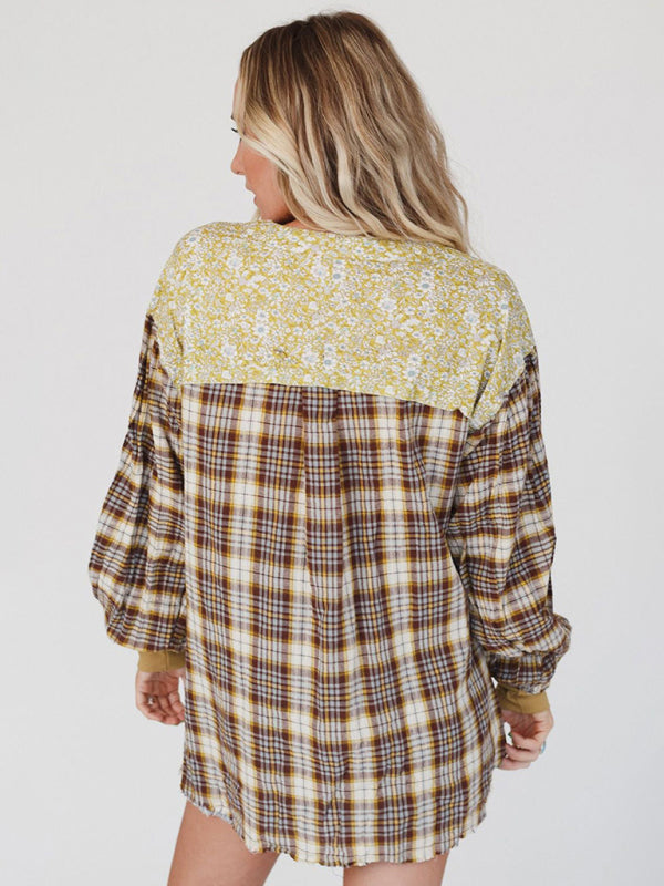 Blue Zone Planet | round neck plaid printed loose long sleeve top BLUE ZONE PLANET