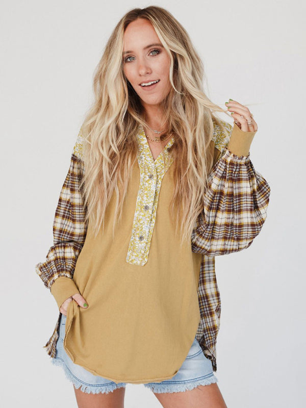 Blue Zone Planet | round neck plaid printed loose long sleeve top BLUE ZONE PLANET