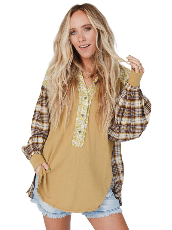 Blue Zone Planet | round neck plaid printed loose long sleeve top BLUE ZONE PLANET