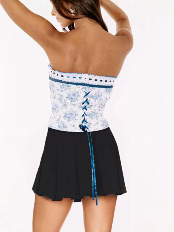 Blue Zone Planet | Women's Spring Blue and White Porcelain Print Sexy Backless Cropped Top BLUE ZONE PLANET