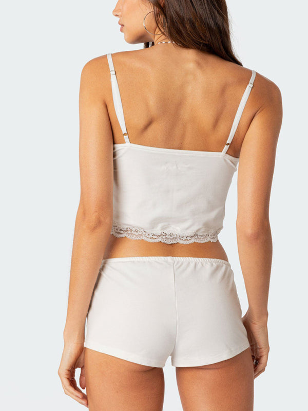 Lace Spaghetti Strap Navel Revealing Hot Girl Shorts Two-piece Set BLUE ZONE PLANET