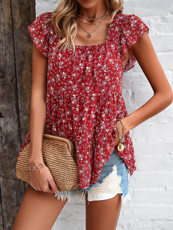 Blue Zone Planet | elegant floral square neck ruffle top BLUE ZONE PLANET