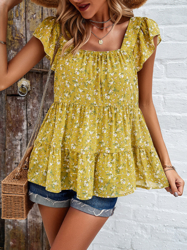Blue Zone Planet | elegant floral square neck ruffle top BLUE ZONE PLANET