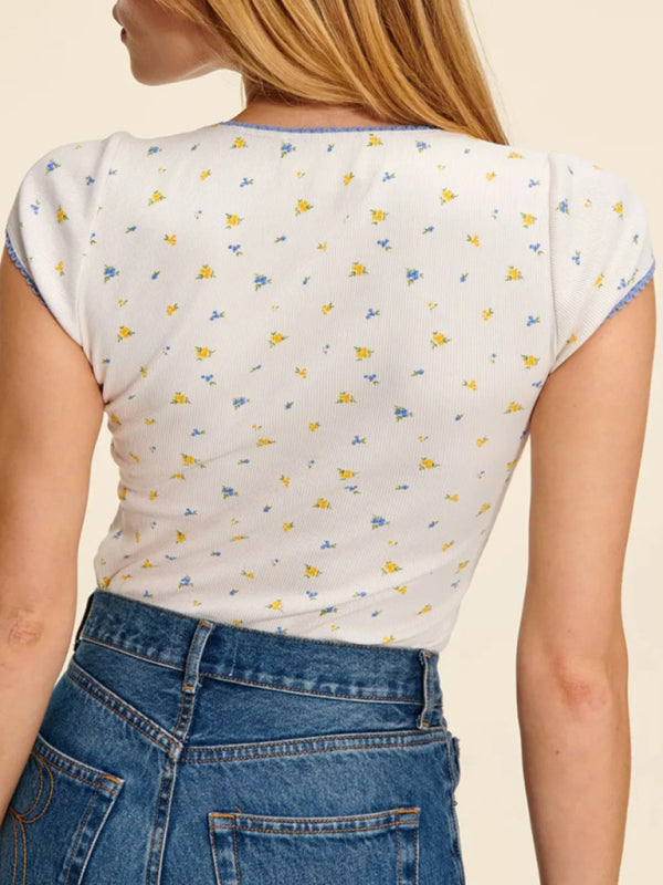 Blue Zone Planet | Simple and Versatile Knitted French Retro Square Neck Slim Fit Stretch Printed T-Shirt BLUE ZONE PLANET