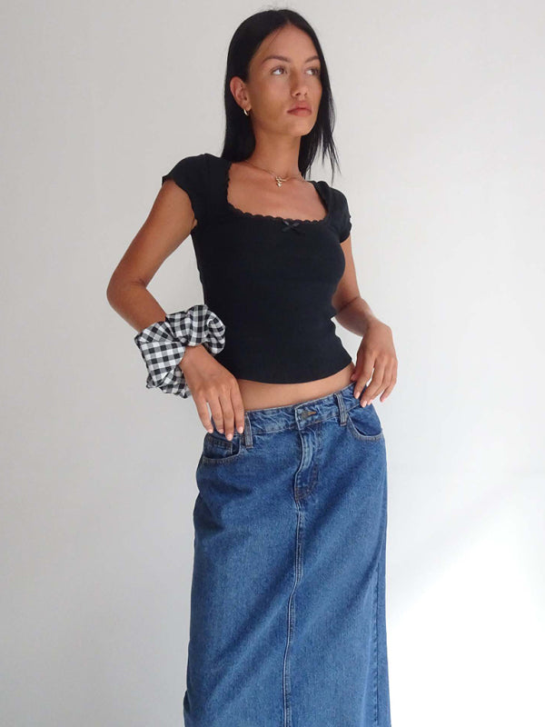 Blue Zone Planet |  lace bow square neck knitted T-shirt BLUE ZONE PLANET