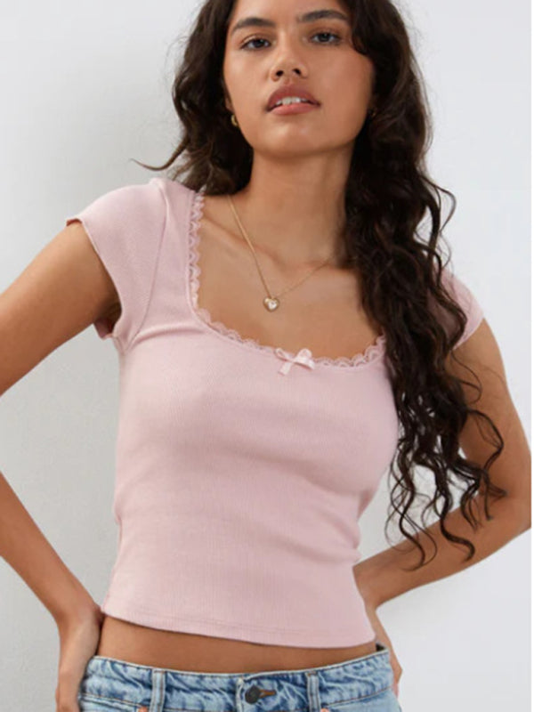 Blue Zone Planet | lace bow square neck knitted T-shirt BLUE ZONE PLANET