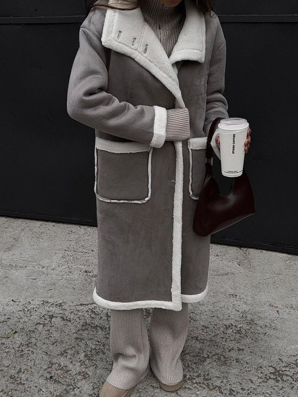 Blue Zone Planet | Women's patch pocket gray and white color block coat lapel one-piece fur coat BLUE ZONE PLANET