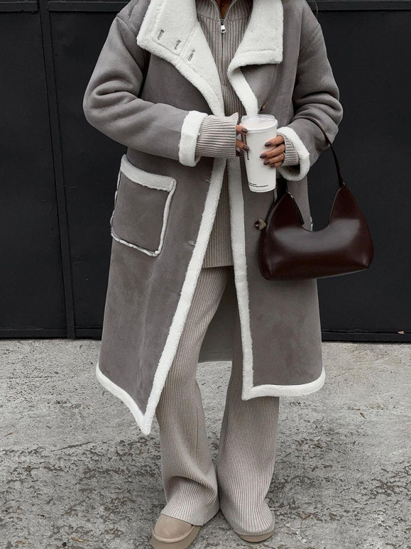 Blue Zone Planet | Women's patch pocket gray and white color block coat lapel one-piece fur coat BLUE ZONE PLANET