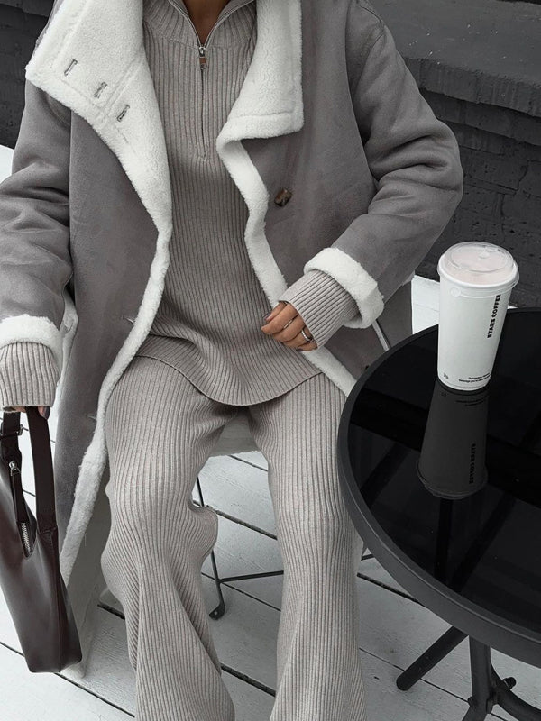 Blue Zone Planet | Women's patch pocket gray and white color block coat lapel one-piece fur coat BLUE ZONE PLANET