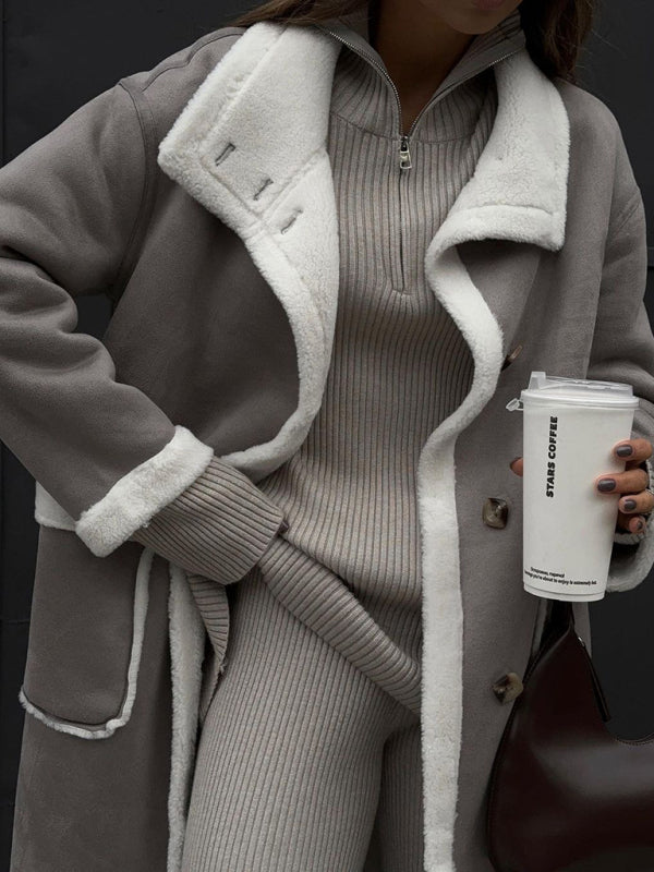 Blue Zone Planet | Women's patch pocket gray and white color block coat lapel one-piece fur coat BLUE ZONE PLANET