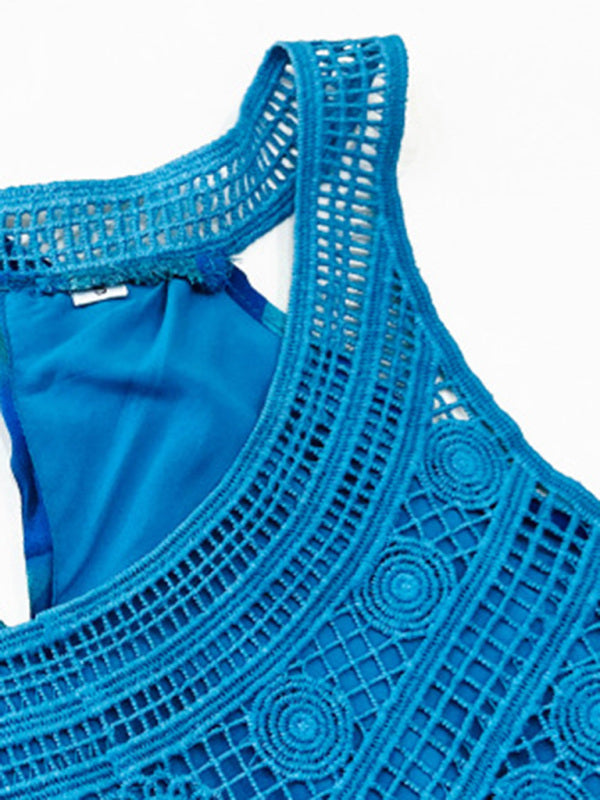 Casual lace paneled sleeveless round neck printed top kakaclo