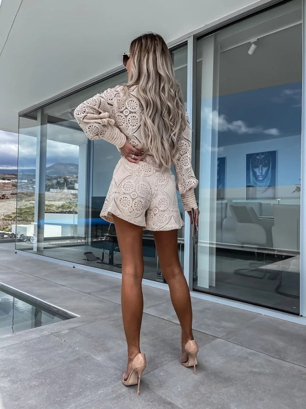 Blue Zone Planet | Daphne's Solid Color Single Breasted Upright Collar Lace Shorts Romper Suit BLUE ZONE PLANET
