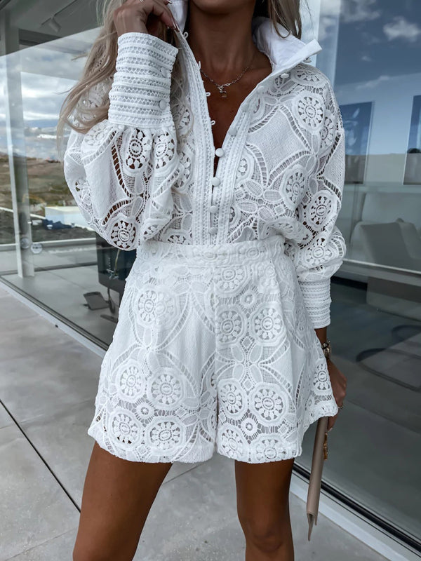 Blue Zone Planet | Daphne's Solid Color Single Breasted Upright Collar Lace Shorts Romper Suit BLUE ZONE PLANET