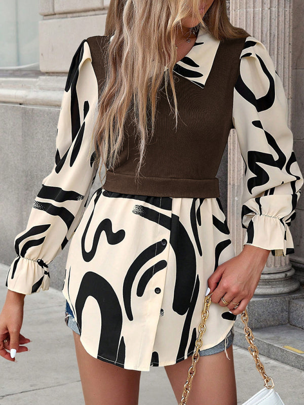 Blue Zone Planet | Lapel Collar Elegant Commuting Spliced Long Sleeve blouse BLUE ZONE PLANET