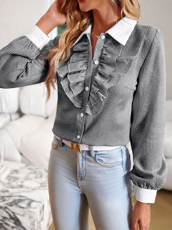 Blue Zone Planet | commuter lapel lace patchwork long-sleeved blouse BLUE ZONE PLANET