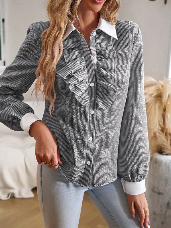 Blue Zone Planet | commuter lapel lace patchwork long-sleeved blouse BLUE ZONE PLANET