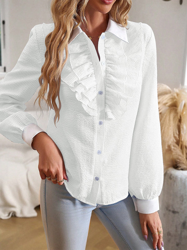 Blue Zone Planet | commuter lapel lace patchwork long-sleeved blouse BLUE ZONE PLANET
