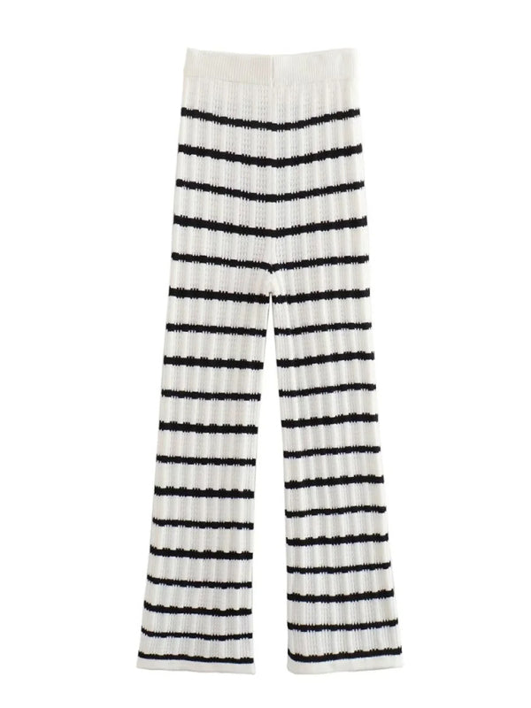 Blue Zone Planet |  Women's new retro casual V-neck strappy striped top + striped pants knitted suit BLUE ZONE PLANET