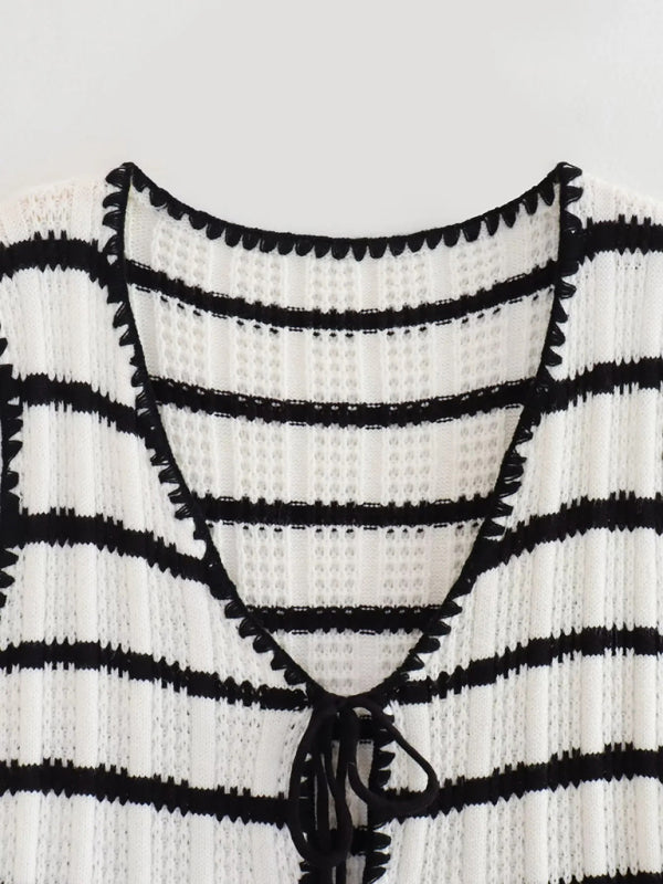 Blue Zone Planet | Women's new retro casual V-neck strappy striped top + striped pants knitted suit BLUE ZONE PLANET