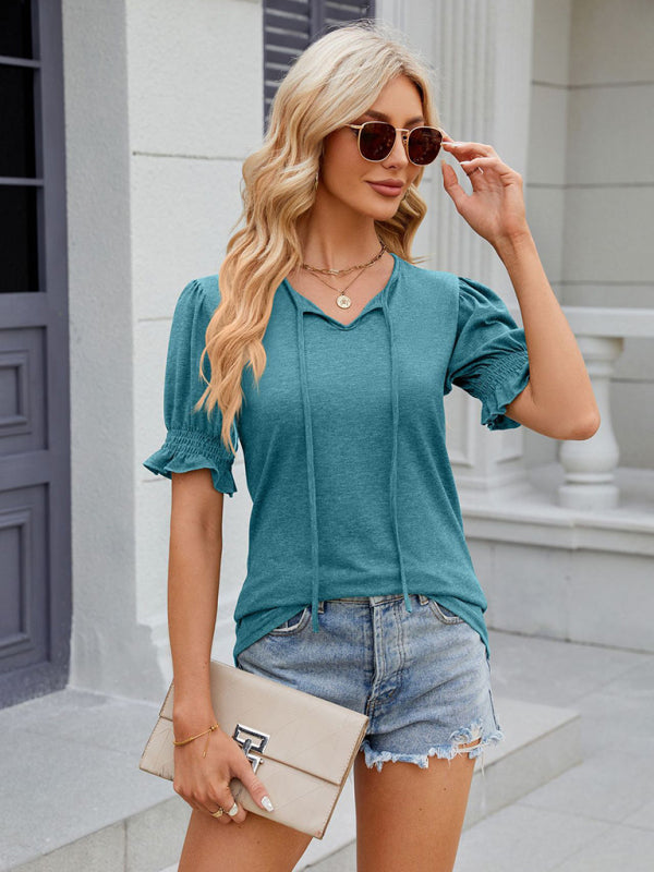 Blue Zone Planet | V-neck drawstring pleated solid color short-sleeved loose T-shirt BLUE ZONE PLANET