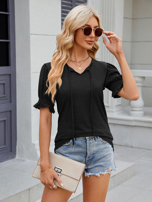 Blue Zone Planet | V-neck drawstring pleated solid color short-sleeved loose T-shirt BLUE ZONE PLANET