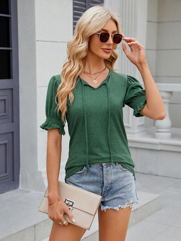 Blue Zone Planet | V-neck drawstring pleated solid color short-sleeved loose T-shirt BLUE ZONE PLANET
